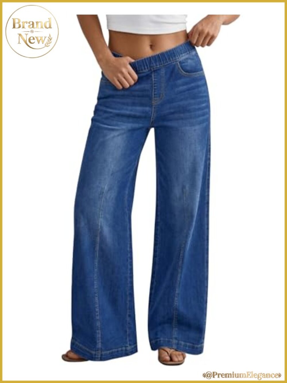 Wide Leg High Rise Jeans - Pull On Elastic Waist Denim Pants